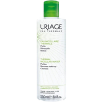 Uriage Thermal Micellar Water bottle, 250 ml, white with green cap and blue text, skincare cleansing product.