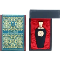 V Canto Cianuro Extrait De Parfum 100ml, black bottle with gold cap, in red satin-lined box, ornate blue and gold packaging.