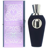 V Canto Cor Gentile Extrait De Parfum 100ml, dark blue bottle with silver cap, next to ornate purple box.