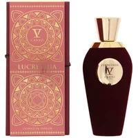 V Canto Lucrethia Extrait De Parfum 100ml, burgundy bottle with gold cap and emblem, ornate red and gold box.