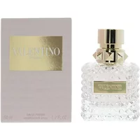 Valentino Donna Eau De Parfum 50ml with studded glass bottle and gold cap, next to matching gold-accented box.