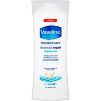 White Vaseline Advanced Repair Body Lotion bottle, blue logo, red cap, 400ml, labeled "fragrance free."