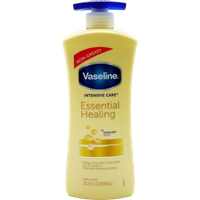 Yellow Vaseline Intensive Care Essential Healing Lotion bottle, 600ml, with blue pump and red "non-greasy" label.