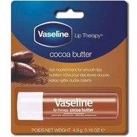 Vaseline Lip Care Cocoa Butter 4.8g in brown tube on card with cocoa beans and product info.