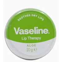 Vaseline Lip Therapy Aloe Vera 20g tin with green and white lid, labeled "Soothes Dry Lips."