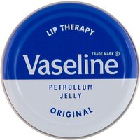 Blue and white Vaseline Lip Therapy tin with "Petroleum Jelly Original" text, 20g size.