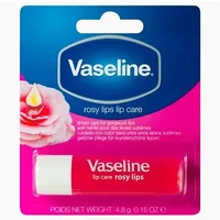 Vaseline Rosy Lips Lip Balm 4.8g in pink tube with white cap, packaged on blue and pink card with rose graphic.