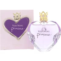 Heart-shaped Vera Wang Princess perfume bottle with gold crown cap, purple liquid, and matching box.