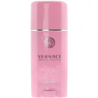 Pink Versace Bright Crystal deodorant stick, 50ml, with silver logo and text on a glossy cylindrical container.