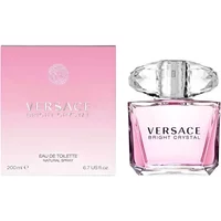 Versace Bright Crystal Eau De Toilette 200ml, pink perfume bottle with a large clear diamond-shaped cap, next to pink box.