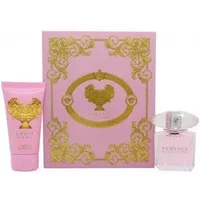 Versace Bright Crystal Gift Set with pink box, 30ml crystal-topped EDT bottle, and 50ml pink body lotion tube.
