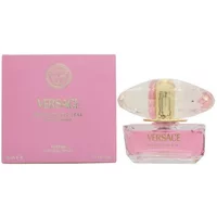 Versace Bright Crystal Parfum 50ml, pink liquid in clear glass bottle with a large faceted cap, next to pink box.