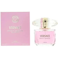 Versace Bright Crystal Parfum 90ml with pink box, clear faceted cap, and transparent pink bottle.