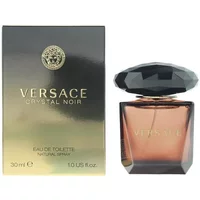 Versace Crystal Noir Eau De Toilette 30ml with dark faceted cap and gradient amber bottle beside elegant black box.