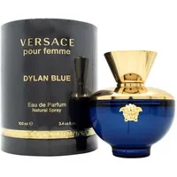 Versace Dylan Blue Pour Femme Eau De Parfum 100ml, blue bottle with gold cap and Medusa emblem, next to black box.