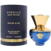 Versace Dylan Blue Pour Femme 30ml perfume, blue bottle with gold cap, Medusa emblem, navy cylindrical box.