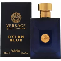 Versace Dylan Blue Pour Homme Eau De Toilette 100ml, dark blue bottle with gold cap and emblem, next to black box.