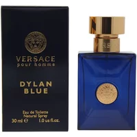 Blue Versace Dylan Blue Pour Homme bottle with gold cap and medallion, next to matching box, 30ml size.