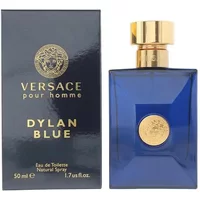 Versace Dylan Blue Pour Homme 50ml, deep blue rectangular bottle with gold cap and emblem, next to matching box.