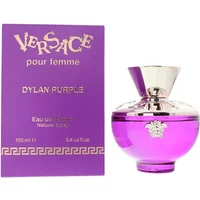 Versace Dylan Purple Eau De Parfum 100ml with purple bottle and silver cap next to matching purple box.