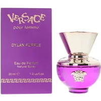 Versace Dylan Purple Eau De Parfum 30ml with purple bottle and gold cap, matching purple box with gold lettering.