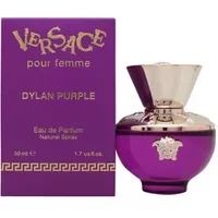 Versace Dylan Purple Eau De Parfum 50ml, purple bottle with gold cap, next to matching purple and gold box.