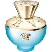 Turquoise and gold Versace Dylan Turquoise Eau De Toilette bottle with embossed Medusa and Greek motifs.