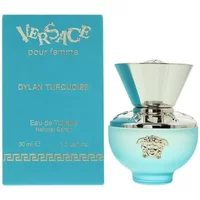 Versace Dylan Turquoise Eau De Toilette 30ml, turquoise bottle with silver cap, Medusa logo, next to matching box.