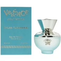 Versace Dylan Turquoise Eau De Toilette 50ml, turquoise bottle with silver cap, matching turquoise box.