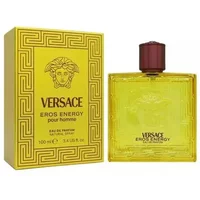 Versace Eros Energy Eau De Parfum 100ml, yellow square bottle with red cap, matching yellow box with Medusa logo.