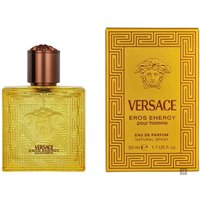 Yellow Versace Eros Energy Eau de Parfum 50ml with Medusa emblem and bronze cap, matching ornate box.