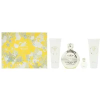 Versace Eros Femme gift set with yellow floral box, includes perfume, mini bottle, shower gel, and body lotion.