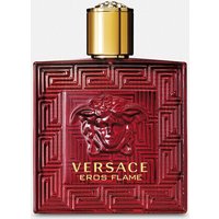 Red Versace Eros Flame perfume bottle with gold cap, Medusa logo, and geometric pattern, 100ml.