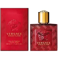 Red Versace Eros Flame Eau De Parfum bottle with Medusa emblem and gold cap, next to matching red box.