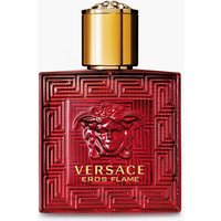 Red Versace Eros Flame perfume bottle with gold cap and Medusa logo, 50ml size.