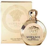 Versace Eros Pour Femme Eau De Parfum 100ml, gold round bottle with Medusa emblem, matching gold box.