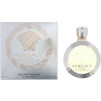 Versace Eros Pour Femme Eau De Toilette 100ml with silver cap and embossed Medusa logo on round bottle and box.