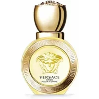 Versace Eros Pour Femme Eau De Toilette 30ml, gold round bottle with Medusa emblem and ornate cap.