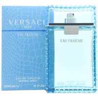 Versace Man Eau Fraiche 200ml, light blue bottle with textured edges and silver cap, next to matching box.
