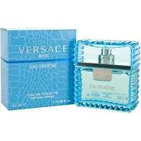 Versace Man Eau Fraiche 50ml, blue glass bottle with textured edges, silver cap, and matching blue box with crocodile pattern.
