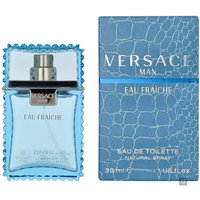 Blue Versace Man Eau Fraiche 30ml spray bottle with textured edges, next to matching blue box with crocodile pattern.