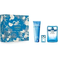 Versace Man Eau Fraiche gift set with blue seashell box, 100ml and 5ml EDT bottles, and 150ml shower gel tube.