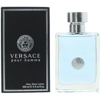 Versace Pour Homme Aftershave Lotion 100ml, clear glass bottle with silver cap and Medusa logo, black box packaging.