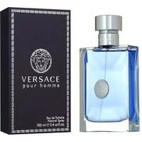 Versace Pour Homme Eau De Toilette 100ml, clear square bottle with blue liquid and silver cap, next to black box.