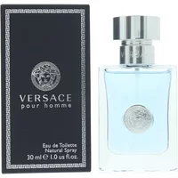Versace Pour Homme Eau De Toilette 30ml, clear glass bottle with silver cap and Medusa logo, black box packaging.