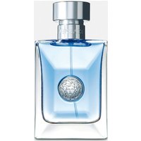 Clear glass bottle of Versace Pour Homme Eau De Toilette, 50ml, with silver cap and embossed Medusa logo.