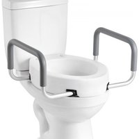 White raised toilet seat with gray padded arms, 3.5-inch lift, designed for seniors and disabled, fits standard toilets.