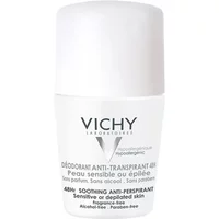White Vichy 48h Anti-Perspirant Deodorant Roll-On for sensitive skin, 50ml, with black text and rounded cap.