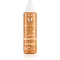 Vichy Capital Soleil Cell Protect SPF 50+ spray, orange bottle, white cap, 200ml, with Vichy logo and sun protection details.
