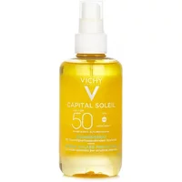 Vichy Capital Soleil SPF 50 spray, yellow bottle, white pump, 200ml, hydrating solar protective water.